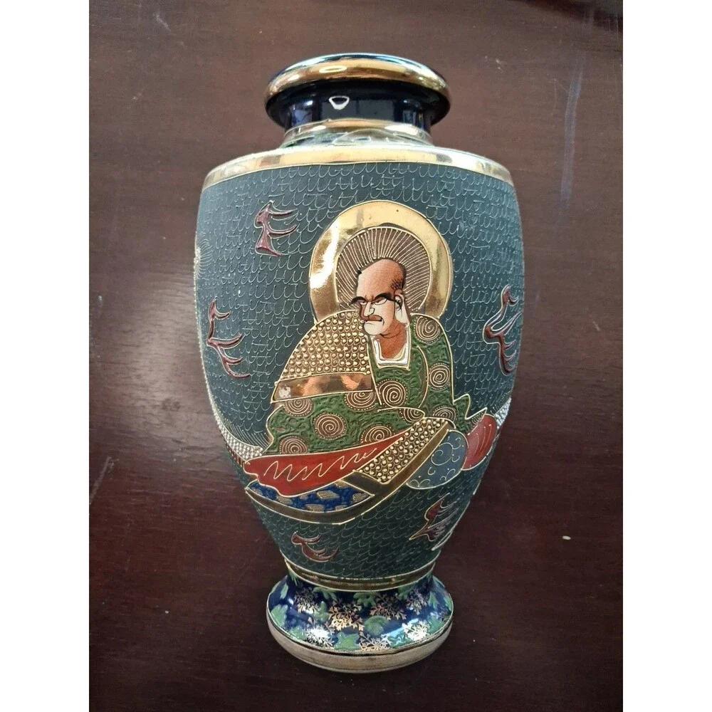 Japanese Satsuma Style Hand-Painted Vase with Figures and Gold Accents